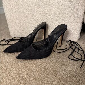 RAYE Black Mesh Pointed-Toe Lace-Up Stiletto Mules
